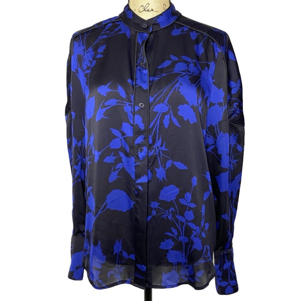 Equipment Blue Black Floral Long Sleeve Top